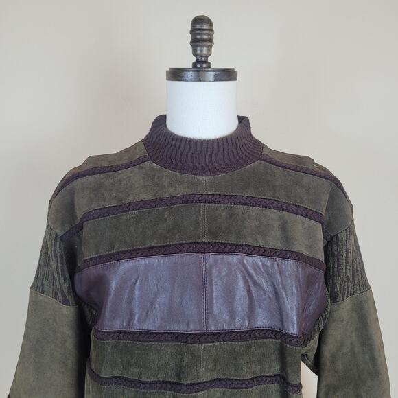 Vintage Saxony Sweater Mens Large Green Burgundy Patchwork Leather Suede 90s - Picture 2 of 11